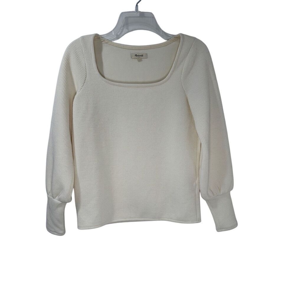 Madewell ribbed cream sq neck women’s long puff sleeve sweater size XS #42-1865